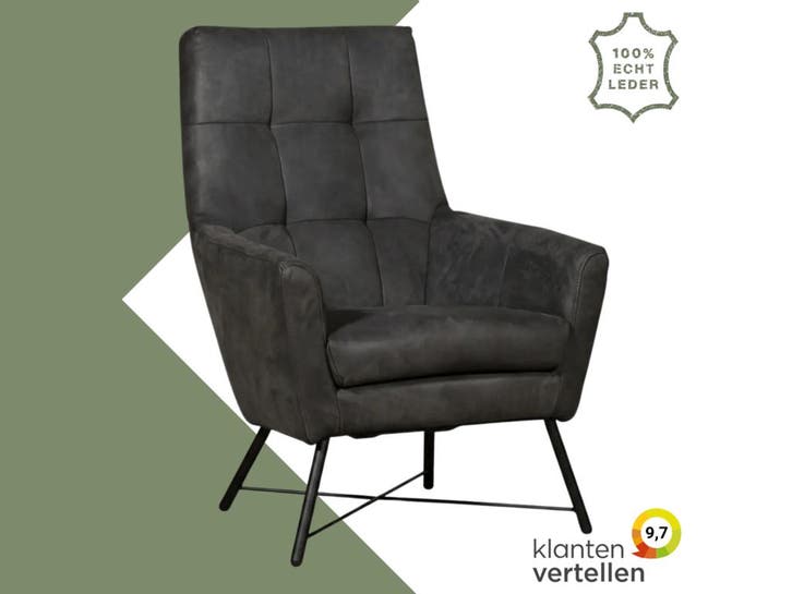 Leren fauteuil Proud - Kenia Antracite (grijs), Huis en Inrichting, Fauteuils, 75 tot 100 cm, 75 tot 100 cm, Nieuw, Leer, Ophalen of Verzenden