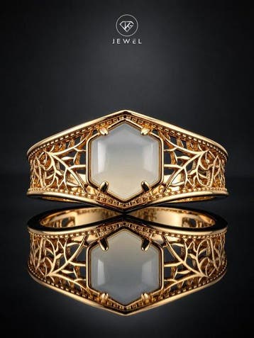 Nefriet Ring - Witte Edelsteen Goudkleurige Afwerking Zilver