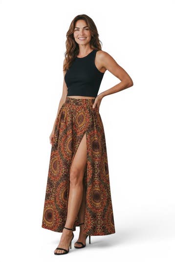 Afrikaanse print maxi rok - Verstelbare split - Bruin Sunbur, Ophalen of Verzenden, Nieuw
