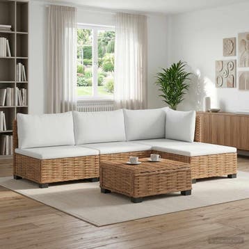 vidaXL 5 st Rieten Loungeset met Kussens GENDT Natuurlijk, 5 zitplaatsen, Nieuw, Loungeset, Verzenden