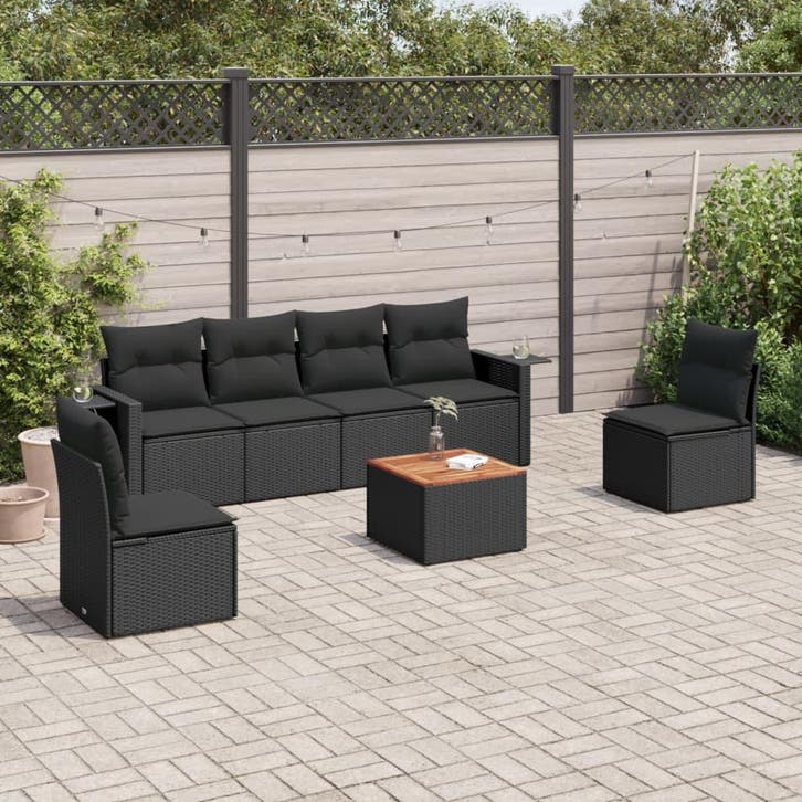 vidaXL 7-delige Loungeset met kussens poly rattan zwart, Tuin en Terras, Tuinsets en Loungesets, Loungeset, Nieuw, Verzenden