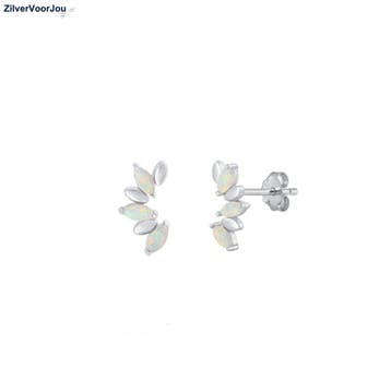 Zilveren witte opaal waaier oorstekers rhodium, Verzenden, Nieuw, Zilver