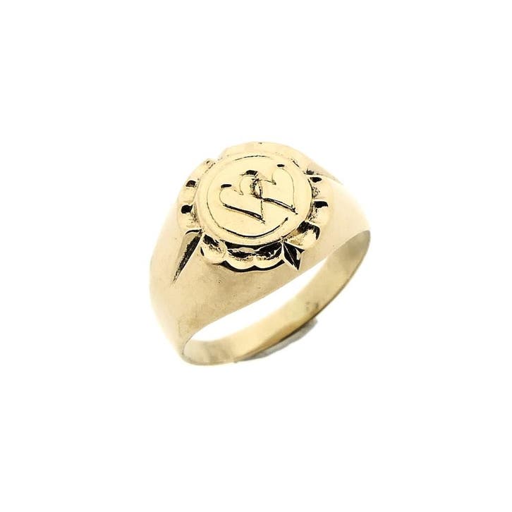 Gouden heren pinkring met harten gravering, Sieraden, Tassen en Uiterlijk, Ringen, Heer, Goud, 17 tot 18, Gebruikt, Goud, Ophalen of Verzenden
