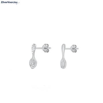 Zilveren rhodium vork lepel cz studs, oorstekers, Verzenden, Nieuw, Zilver