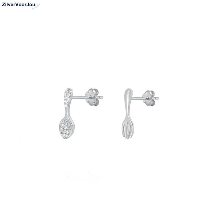 Zilveren rhodium vork lepel cz studs, oorstekers, Sieraden, Tassen en Uiterlijk, Oorbellen, Nieuw, Verzenden