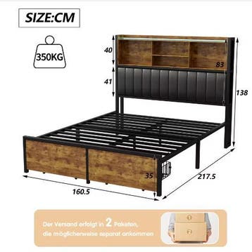 Modern Bedframe met Opberglades, LED en PU Hoofdbord, Verzenden, Nieuw