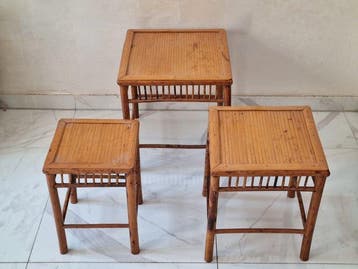 Vintage Bambus Satztische – 3-Teiliges Beistelltisch Set -