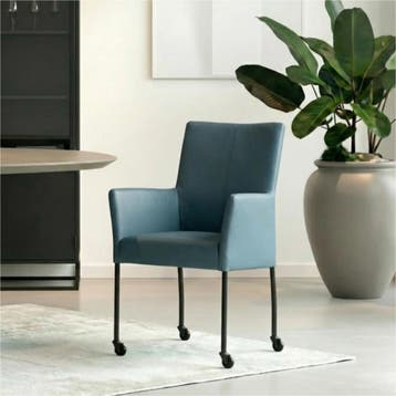 Leren eetkamerstoel Comfort met wieltjes en armleuning -, Blauw, Nieuw, Leer, Ophalen of Verzenden