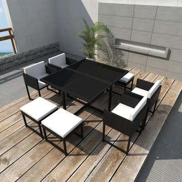 vidaXL 9-delige Tuinset met kussens poly rattan zwart, Verzenden, Nieuw, 8 zitplaatsen, Tuinset