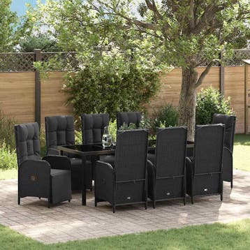 vidaXL Tuin eettafelset 9 st Zwart poly rattan, Verzenden, Nieuw, Rotan, Meer dan 8 zitplaatsen