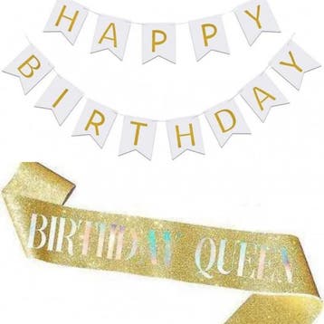 Sjerp en slinger set Birthday Queen en Happy Birthday goud, Verzenden, Nieuw, Versiering, Verjaardag