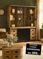 AANBIEDING !  Complete vitrinekast mangohout € 899,-, Mangohout, 150 tot 200 cm, Met klep(pen), Nieuw
