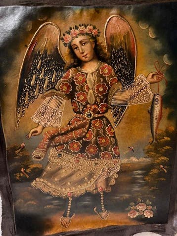 Cuzco School - Archangel Raphael fishing - 31 x 41 cm