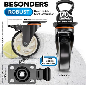 Zwenkwielen 50 mm set 4 Polyurethane (PU), Ophalen of Verzenden, Nieuw