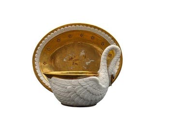 Figuur - Vintage Biscuit Porcelain Swan Sauce Boat with