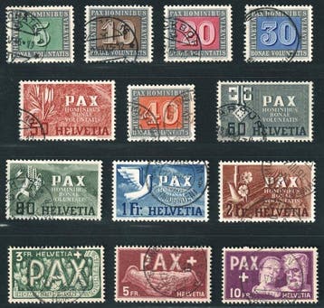 Zwitserland 1945 - Zwitserland 447-59, PAX-set 5 Rp.-10 Fr., Gestempeld