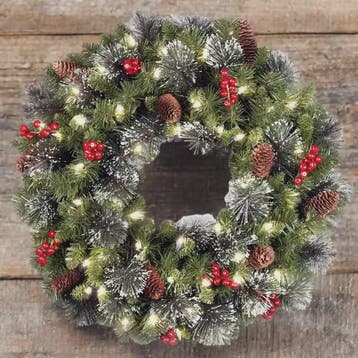 Luxe Kerstkrans met LED Verlichting, Pijnbomen en Rode Besse, Verzenden, Nieuw