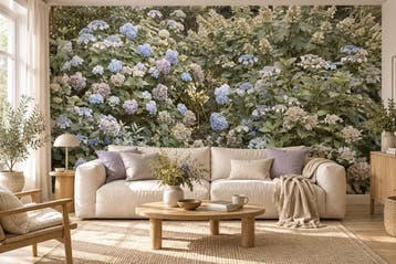 Hortensia behang – blauw en lila bloemen fotobehang, Verzenden, Fotobehang