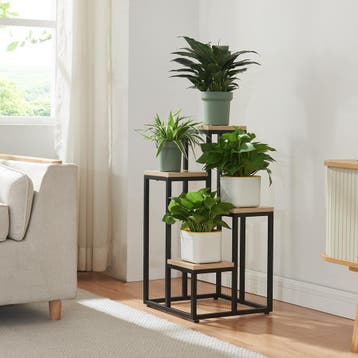 [en.casa] Plantenstandaard Ameland 67x34x34 cm zwart en hout, Verzenden, Nieuw