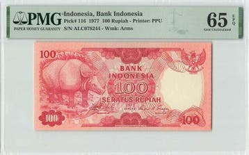 1977 Indonesia 100 Rupiah Pick 116 Pmg Gem Unc 65 Epq, Verzenden
