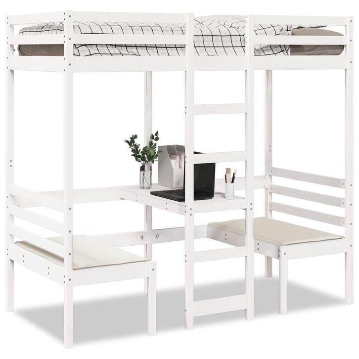 vidaXL Hoogslaper met bureau en stoelen grenenhout wit, Huis en Inrichting, Slaapkamer | Bedden, 90 cm, 200 cm, Wit, Eenpersoons