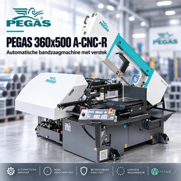 Automatische bandzaagmachine met materiaalaanvoer en verstek