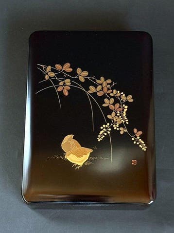 Vintage Aizu lakwerk documentendoos Fumibako - goud makie
