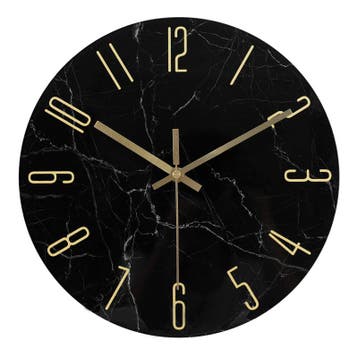 IvoQ Zwarte Marmerlook Wandklok met Gouden Details Glas Ø 30, Huis en Inrichting, Verzenden, Nieuw