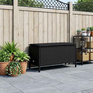 vidaXL Tuinvoetenbank met kussen Zwart 80 x 38 x 45 cm PE, Verzenden, Nieuw, Rotan