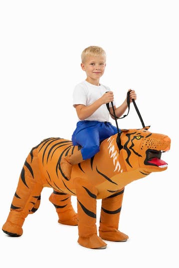 KIMU® Opblaas Kostuum Kinderen Zittend Op Tijger 122 128 134, Ophalen of Verzenden, Nieuw