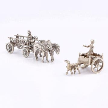 Miniatuur hondenkar en rijtuig - Beeldje (2) - .935 zilver,