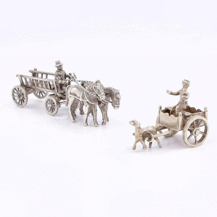 Miniatuur hondenkar en rijtuig - Beeldje (2) - .935 zilver,, Antiek en Kunst, Antiek | Goud en Zilver