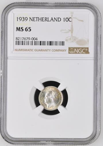 Koningin Wilhelmina 10 cent 1939 MS65 NGC gecertificeerd, Postzegels en Munten, Verzenden, Zilver, 10 cent, Koningin Wilhelmina