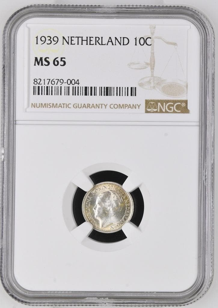 Koningin Wilhelmina 10 cent 1939 MS65 NGC gecertificeerd, Postzegels en Munten, Munten | Nederland, Losse munt, 10 cent, Koningin Wilhelmina