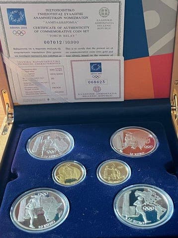 Griekenland. 10 Euro / 100 Euro 2004 Torch Relay set (6