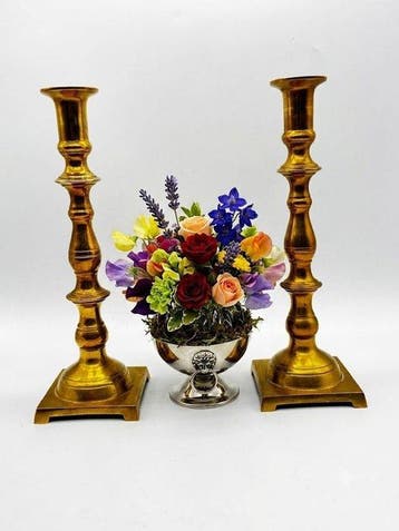 Antique Pair of Brass Candlesticks & French Silver-Plated