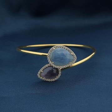 Gouden slavenarmband met chalcedoon en zirconia; Maat S/M, Gebruikt, Ophalen of Verzenden, Met edelsteen, Goud
