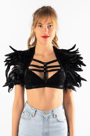 KIMU® Top met Veren Zwart Studs XS S M Verentop Steampunk To, Kleding | Dames, Ophalen of Verzenden, Nieuw, Carnaval, Kleding