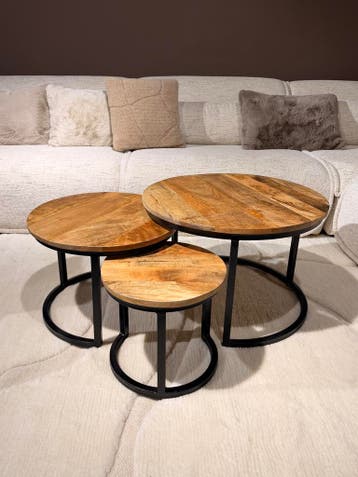 Ronde Salontafel Set 3 - bruin mangohout - origineel, Overige houtsoorten, 50 tot 100 cm, Scandinavische stijl met een warme uitstraling.