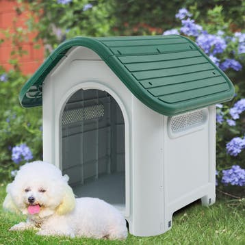 Hondenhok Bello kunststof wit en groen 75x59x66 cm [en.casa], Dieren en Toebehoren, Verzenden, Nieuw