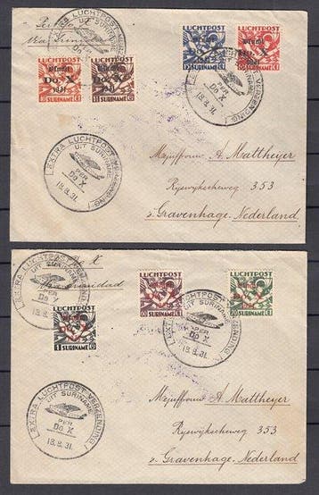 Suriname 1931 - Opdruk Vlucht Do.X., twee poststukken - NVPH, Gestempeld
