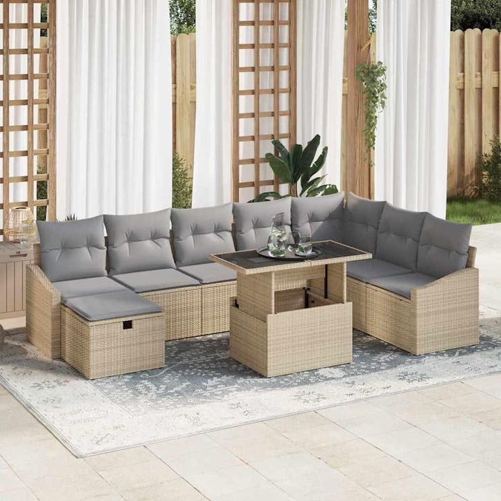 vidaXL Tuin Sofa Set met kussen met opslag 9 pcs Beige Poly, Tuin en Terras, Tuinsets en Loungesets, Nieuw, Meer dan 8 zitplaatsen