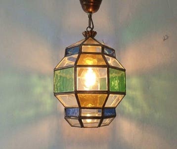 Plafondlamp - Metaal, Glazuur, Glas - Granadastijl lantaarn, Antiek en Kunst