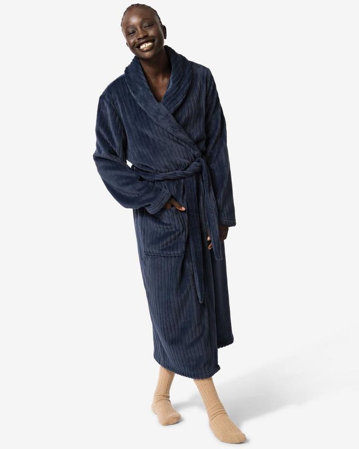 HEMA Badjas rib fleece donkerblauw van €34.99 voor €20 sale, Kleding | Dames, Ondergoed en Lingerie, Verzenden