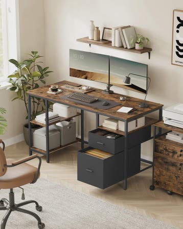 VASAGLE Bureau met 3 Planken en 2 Lades - 140x60x76 cm - Ind, Verzenden, Nieuw