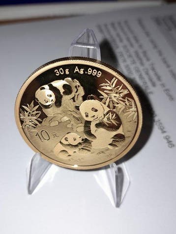 China. 10 Yuan 2025, Panda, Gold Plated, 30gr. (Zonder