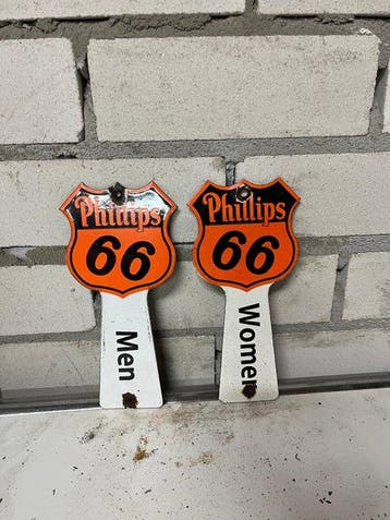 Set van 2 vintage Phillips 66 emaille toiletborden – Men &
