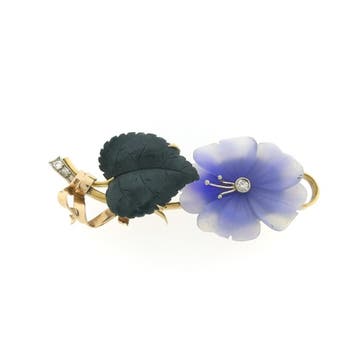 Tricolor gouden broche met gekleurd glas, jade en diamant..., Gebruikt, Ophalen of Verzenden, Met edelsteen, Goud