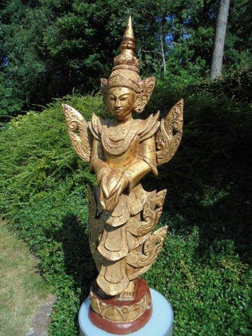 Groot Boeddha beeld met bladgoud / Hoogte 114 cm - Myanmar, Antiek en Kunst