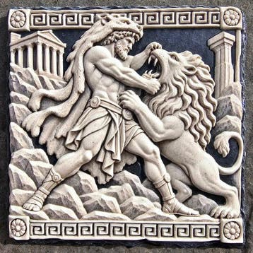 Griekse mythologie: Herakles en de Nemeïsche Leeuw – hoog, Antiek en Kunst